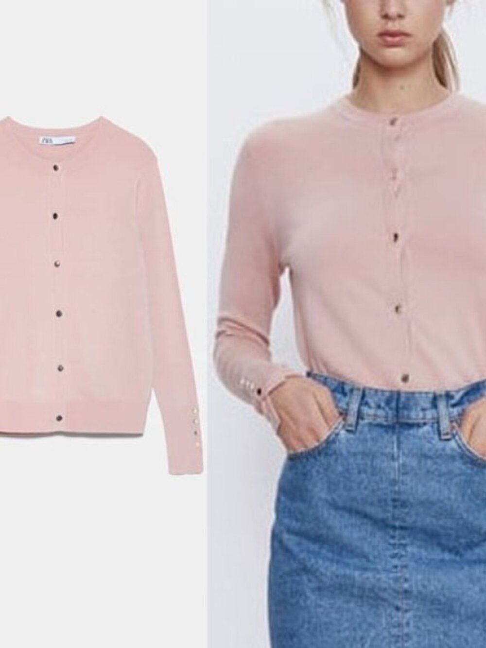 Zara Soft Pink Gold Snap Button Front Crewneck Cardigan Sweater Size L Romantic